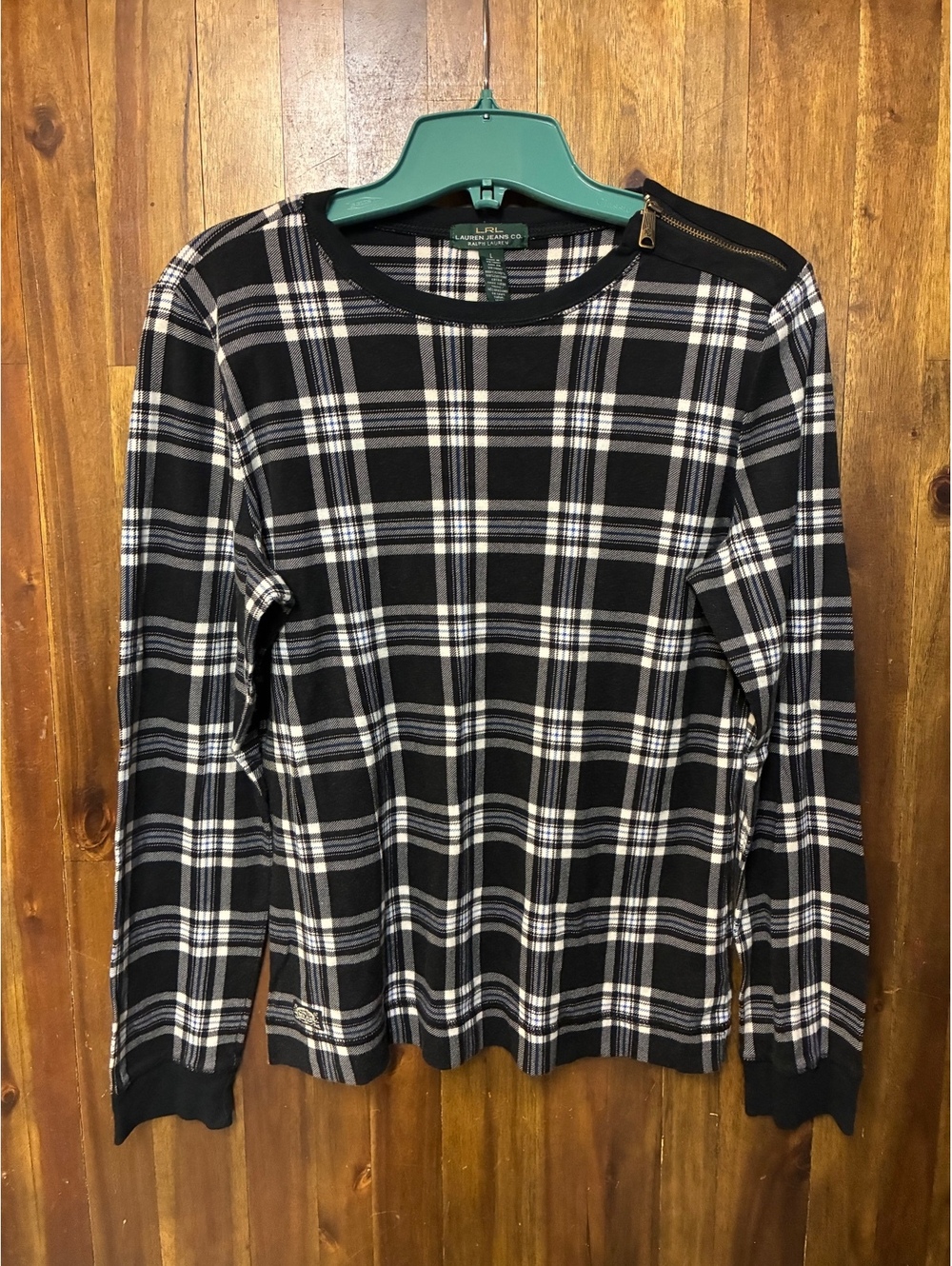 LRL Ralph Lauren Plaid Long Sleeve Top Large Black Elbow Patch Shoulder Zip